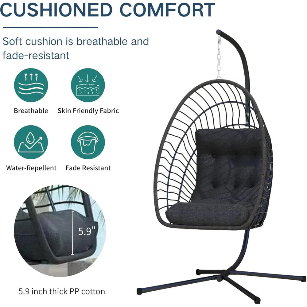 Hanging Egg Chair with Stand Indoor Outdoor, Foldable Rattan Wicker Hammock Egg Swing Chair for Bedroom Porch Patio Garage.