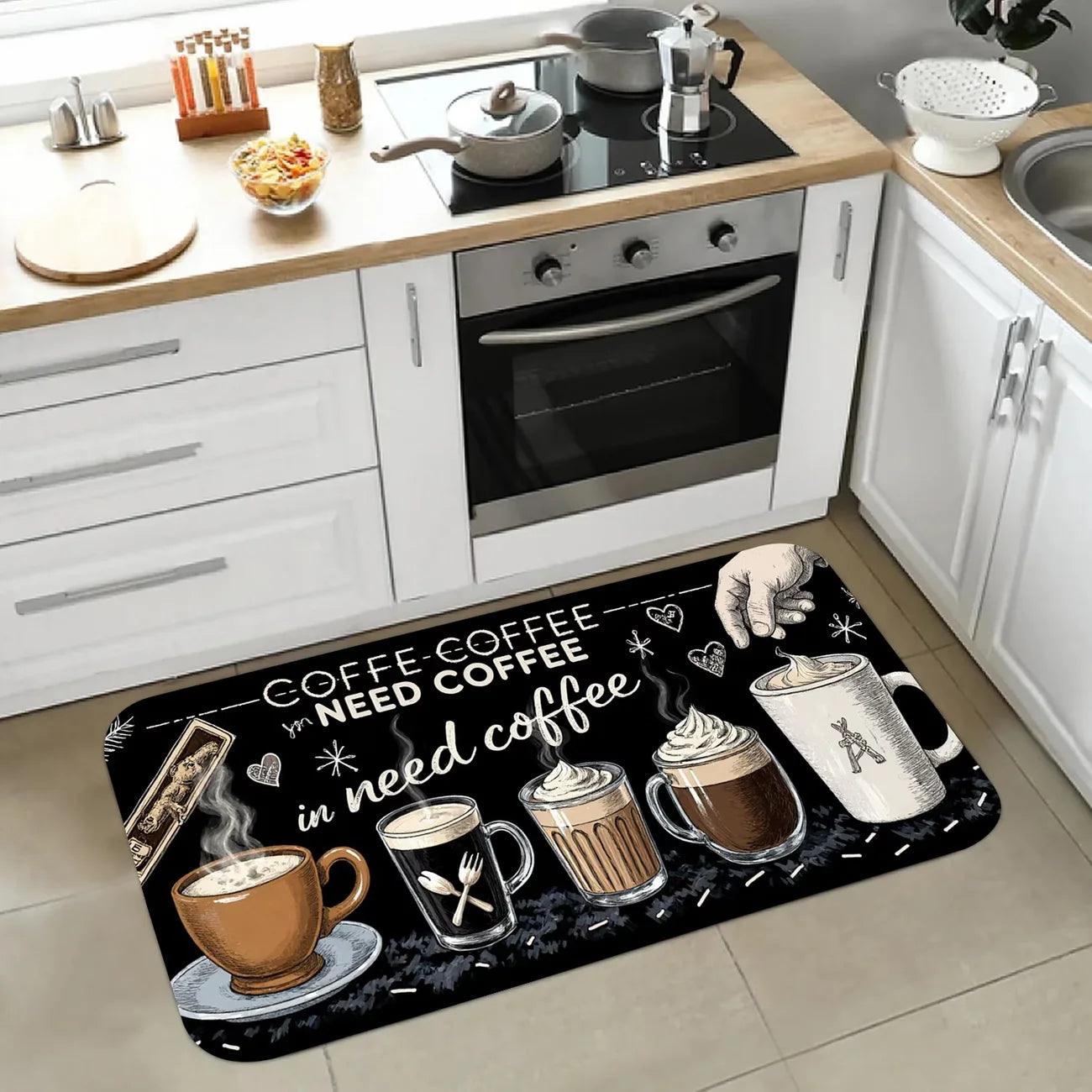 Coffee Pattern, Machine-Washable, Dirt-Trapping Rectangular Mat for Bathroom, Living Room, Doorway & Contemporary
