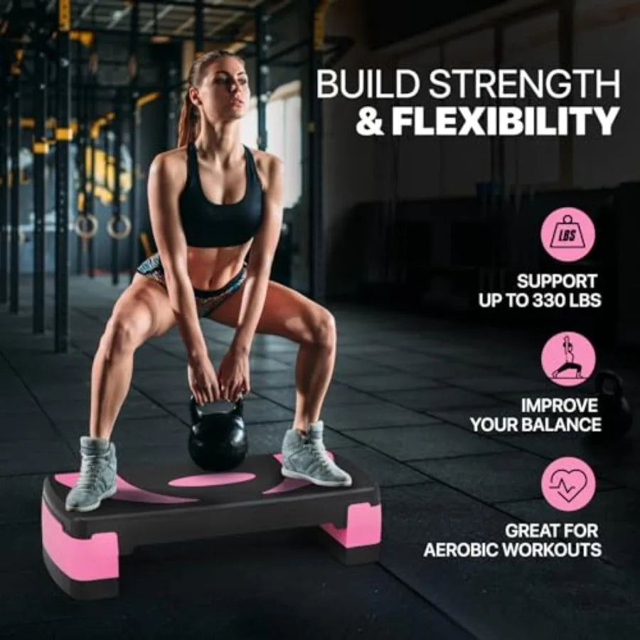 Adjustable Compact Aerobics Stepper Platform for Cardio Core and Strength Training in Black with Non-Slip Surface
