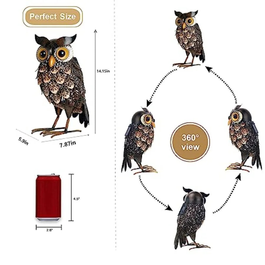 Garden Statue Metal Owl Yard Art Outdoor Decor with Solar LED Lights for Patio Lawn Decoration Great Gifts