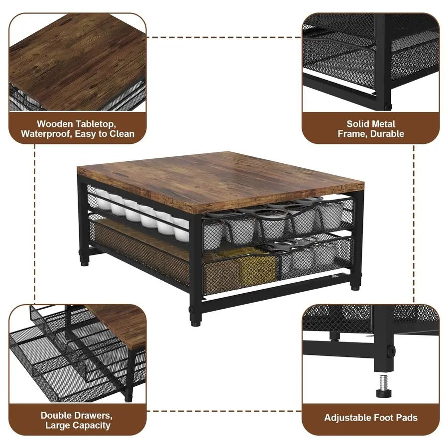 Pod Holder For Counter, Wooden K Cup Holder with Sliding Drawer, Large Capacity Coffee Pod Storage for Coffee Station, Home, Off