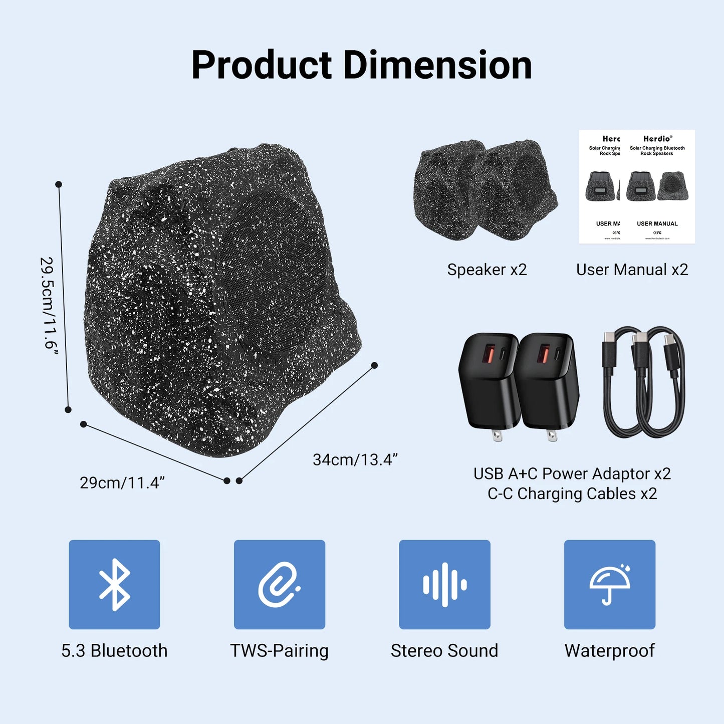 8" Rock Bluetooth Speakers Outdoor Waterproof IPX7 Wireless Solar 240W TWS Connection Powered With Rechargeable Battery