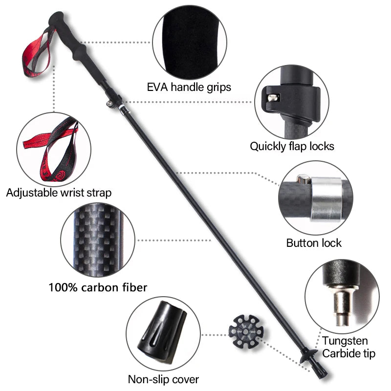100% Carbon Fiber Trekking Poles Folding Outdoor Telescopic Walking Hiking Accessories Nordic Mountain Climbing Stick