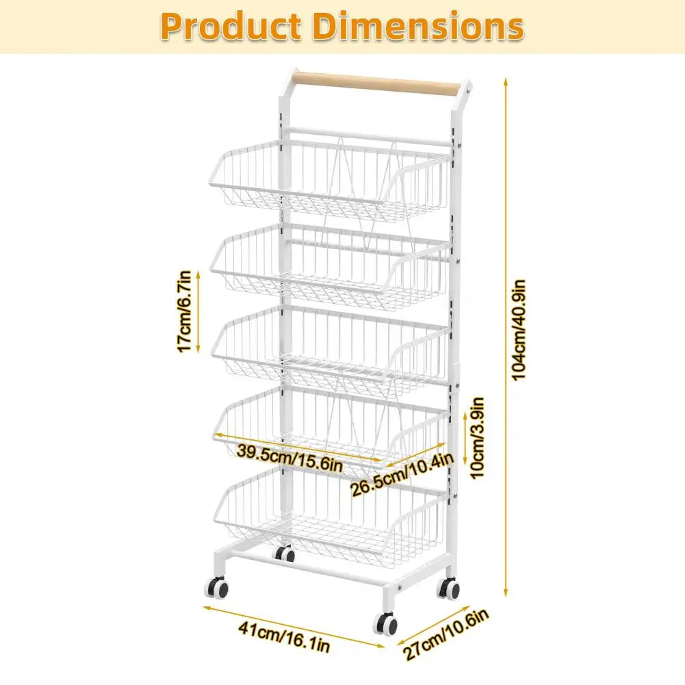 5-Tier Adjustable Rolling Kitchen Cart Fruit Vegetable Basket Metal Wire Storage Cart on Wheels for Potato Onion Snack Produce