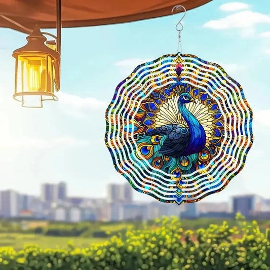 360° Rotating Garden Art Decor PeaRooster Stained Glass Wind Spinner - 3D Laser-Cut Peacock