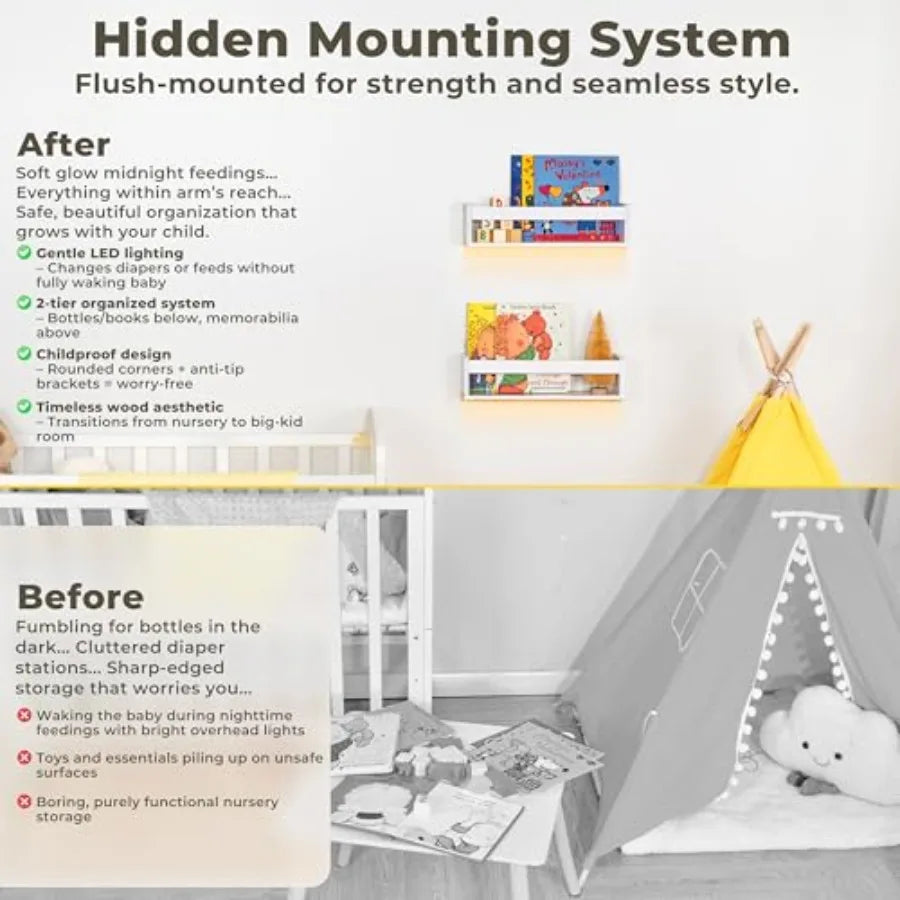 Nursery Book Shelves - Wooden Wall Shelves with LED Light for Books Decor and Storage Bookshelf for Baby Room Living Room and S