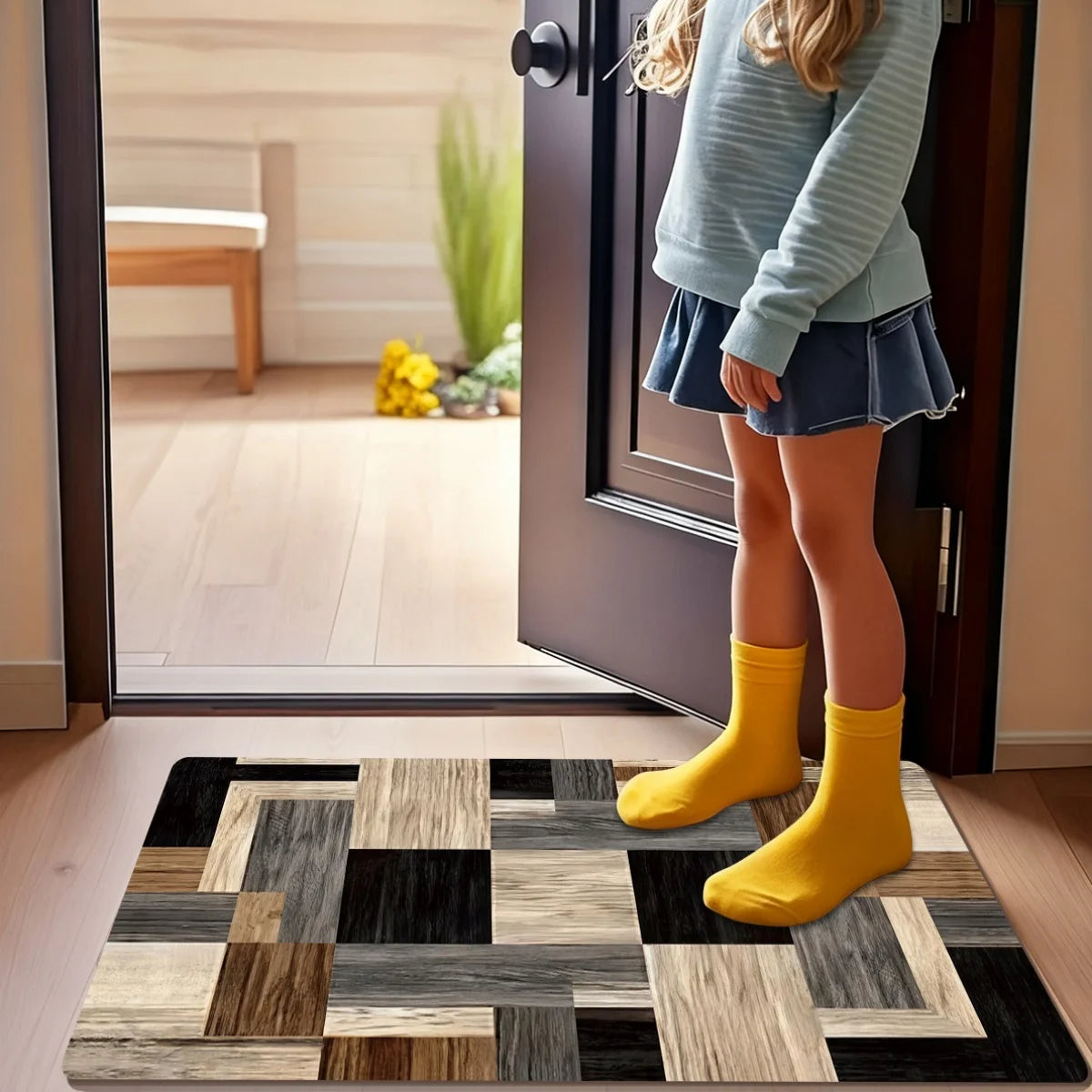 Patchwork Wood Tile Rug – Plaid Design in Neutral Tones for Living Room, Bedroom & Bathroom 40x60cm 50x80cm