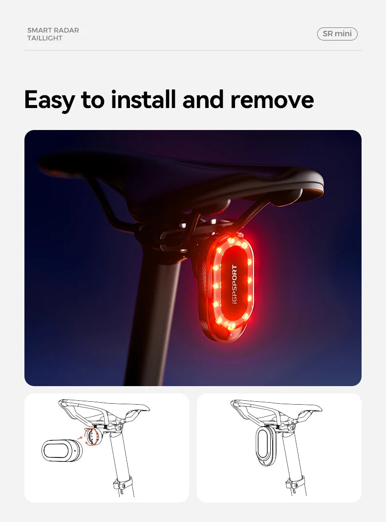 iGPSPORT SRmini Radar Tail Light with Brake Alert IPX7 Waterproof Daytime Running Lamp for Road Cycling Bike Safety