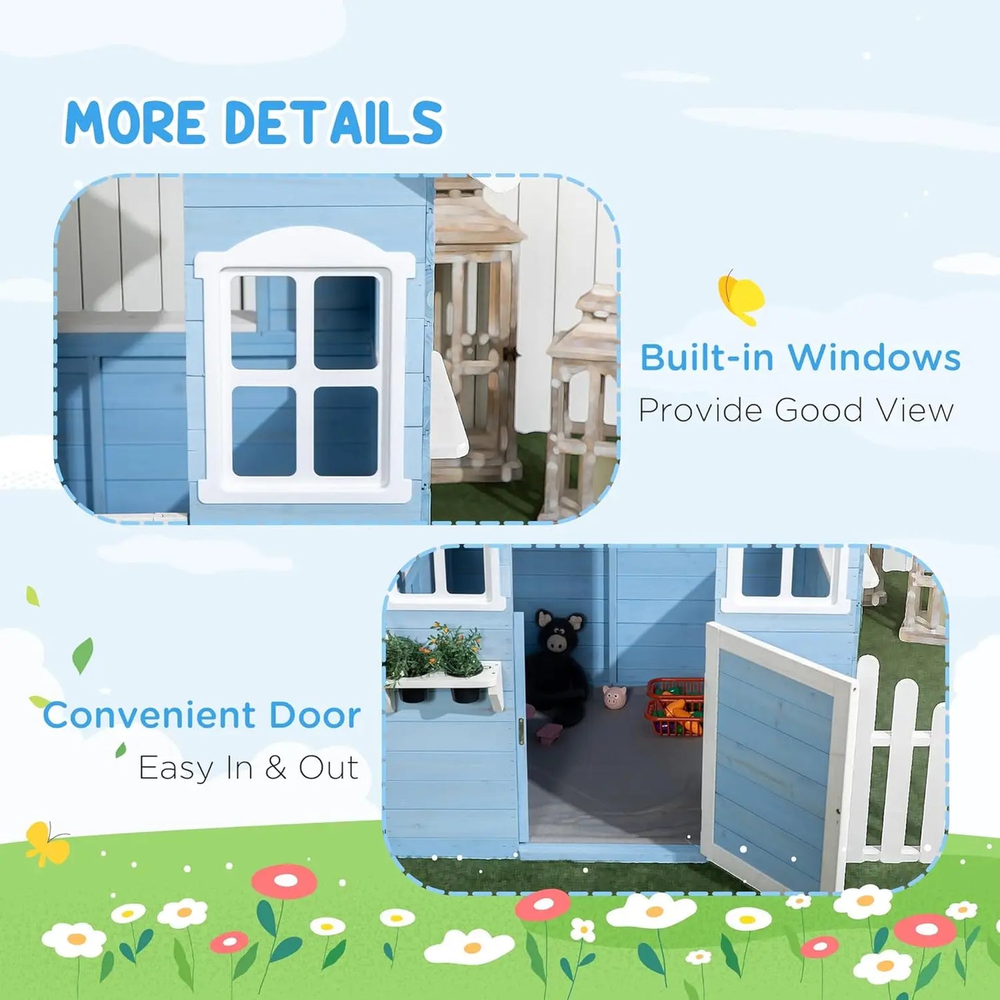 Playhouse for Kids Outdoor, Country Style Wooden Playhouse with Flower Pot Holders, Working Door, Windows, Service, Customized