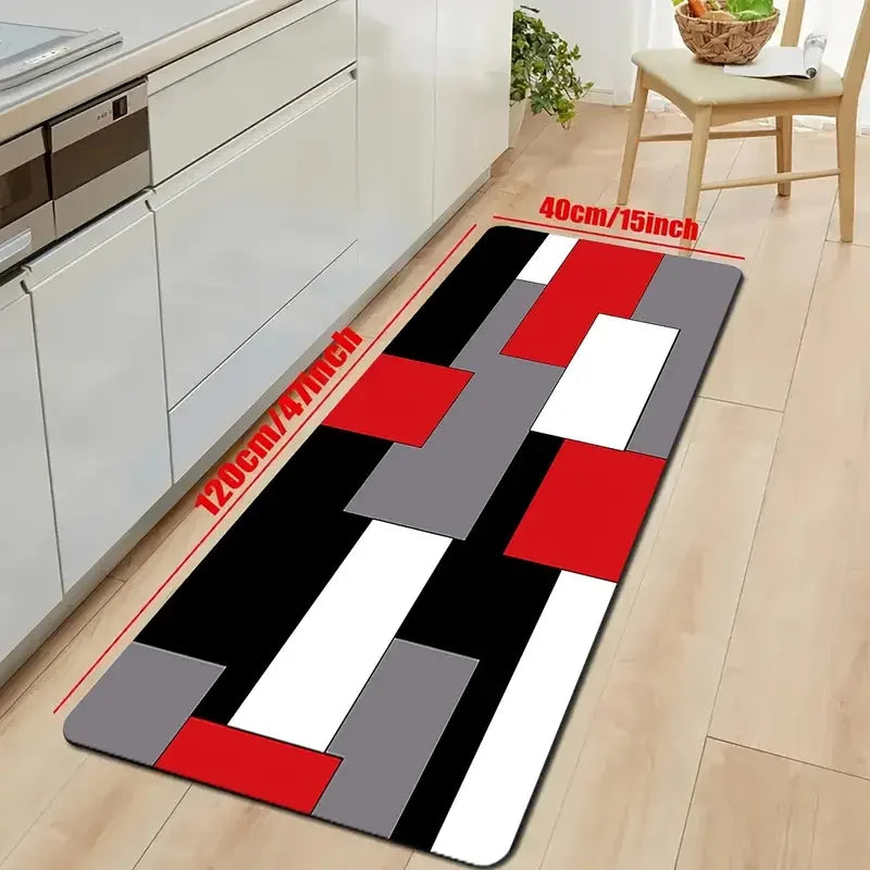 Red Black White Geometric Color Blocks Kitchen Mat Living Room Entrance Door Mat Bath Balcony Hallway Laundry Non-slip Floor Mat