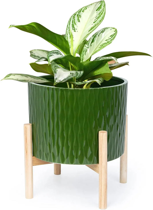 10 Inch Ceramic Plant Pot with Wood Stand, Modern Round Flower Planter Indoor Outdoor, Dark Green Water Ripple Pattern
