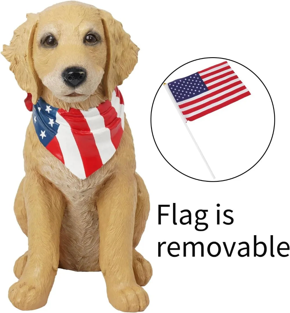 Large Resin Puppy with American Flag Statue for Outdoor Yard Lawn Decor, Patriotic Garden Decoration 12.5x8.5x13.5 Inch