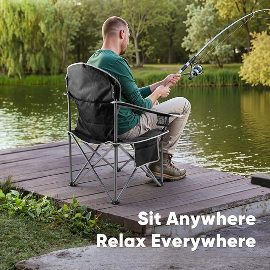Folding Camping Chairs, Outdoor Collapsible Padded Chairs with Cup Holder Cooler Bag, Heavy Duty Portable Camping Chair for Gard