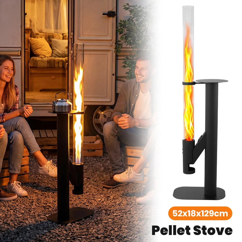 50.79in Patio Heater Wood Pellet Stove with Glass Tube Portable Wood Pellet Fire Pit with Table for Home Gardens Commercial Use