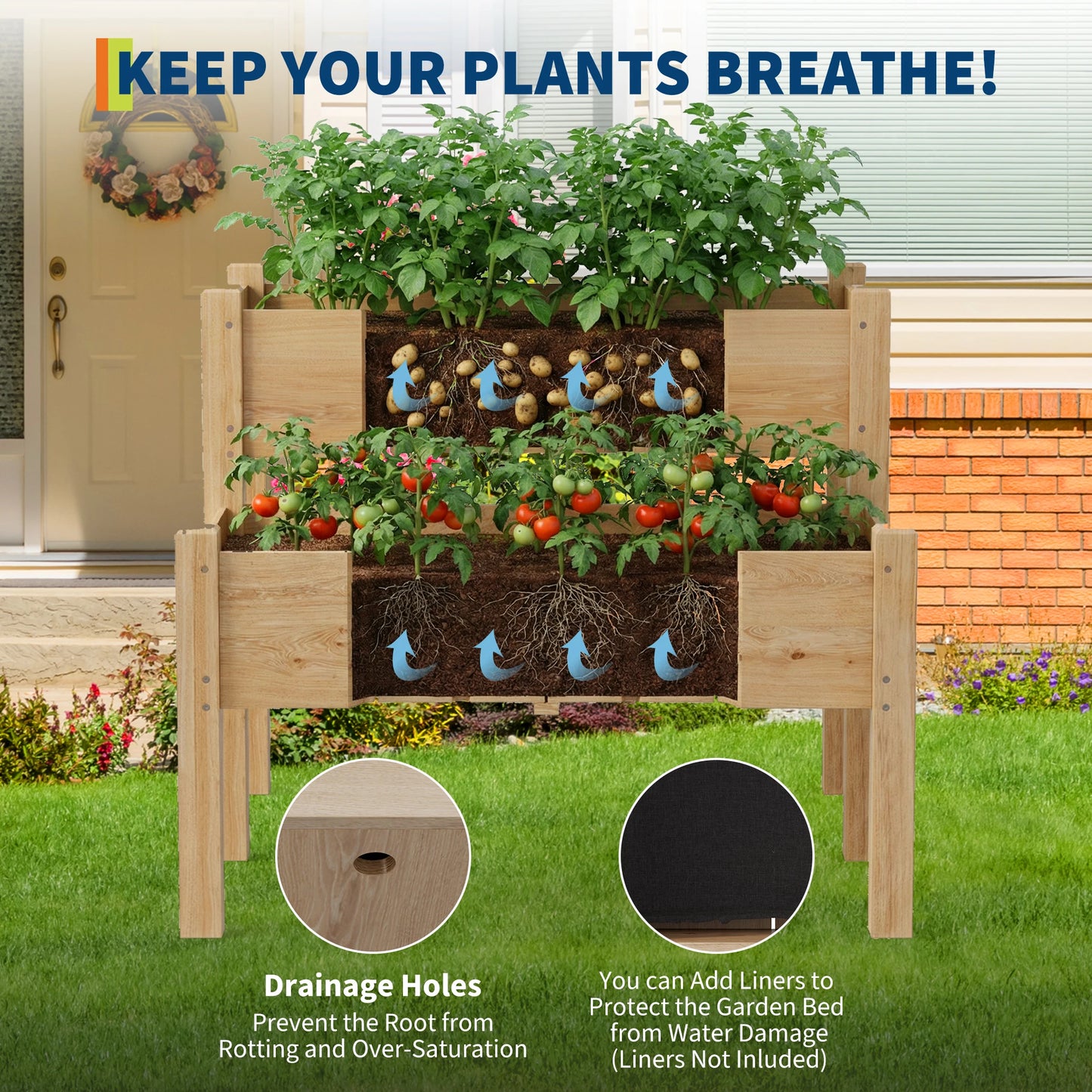 2-Tier Wooden Raised Garden Bed with Legs, Outdoor Planter Box with Drainage Holes, for Vegetables, Flowers, Backyard, Patio