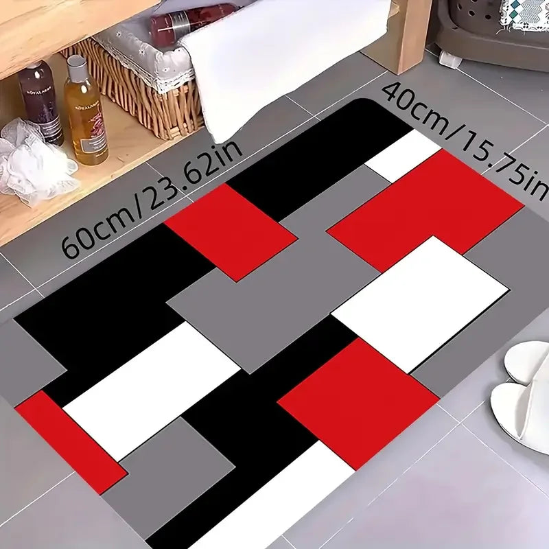 Red Black White Geometric Color Blocks Kitchen Mat Living Room Entrance Door Mat Bath Balcony Hallway Laundry Non-slip Floor Mat
