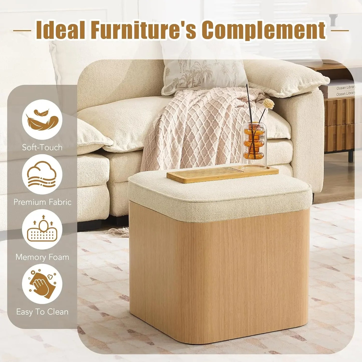 Beige Storage Ottoman Cube Upholstered Foot Rest Stool Coffee Table For Living Room Lounge Reading Room Couch