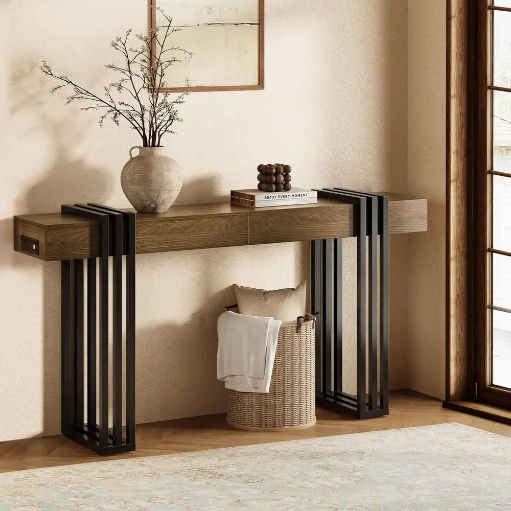 63"Long Console Table for Entryway - Behind Couch Table for Living Room, Wood Sofa Tables with Black Parallel Metal Frame,Walnut