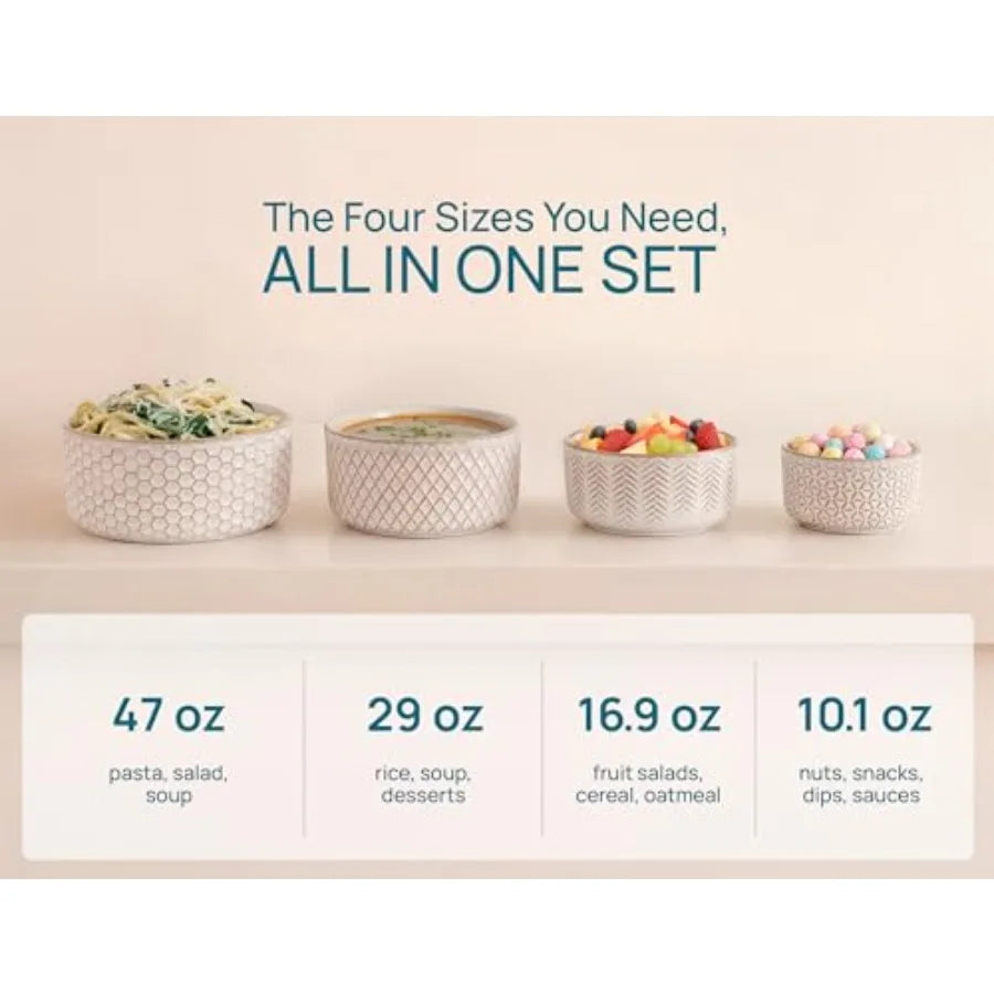 Serving Bowls with Lids Ceramic Nesting Bowls Set of 4 Embossed Kitchen Prep Stackable Gift Microwave and Dishwasher Safe 10/16