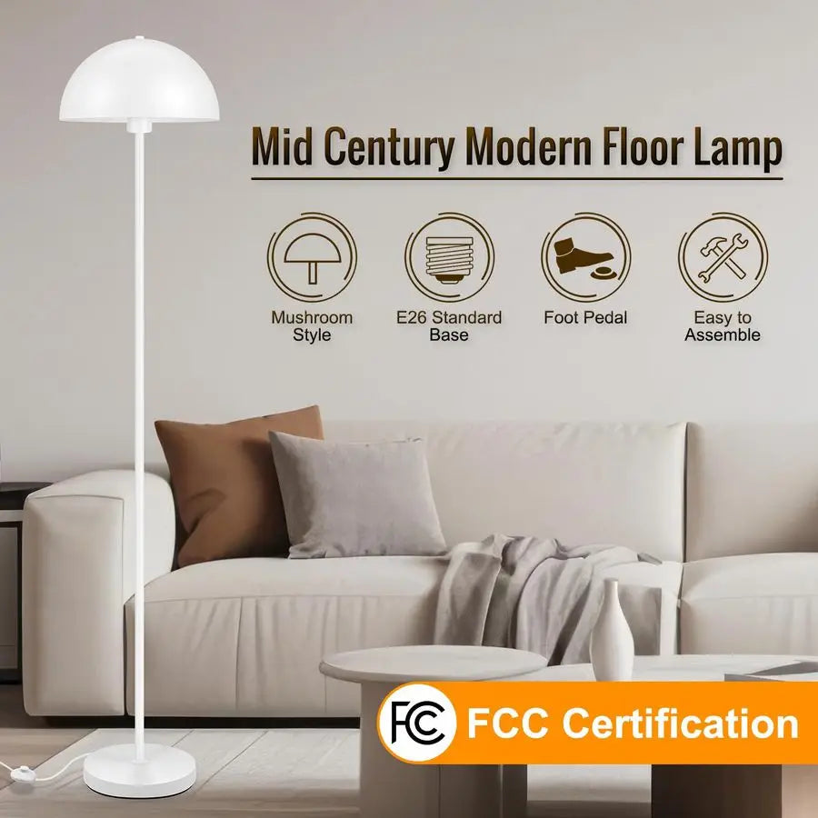Floor Lamps for Living Room, White Metal Mushroom Lamp, 66 Tall Corner Lamp, Footswitch, Bright Industrial Standing Lamps for Be