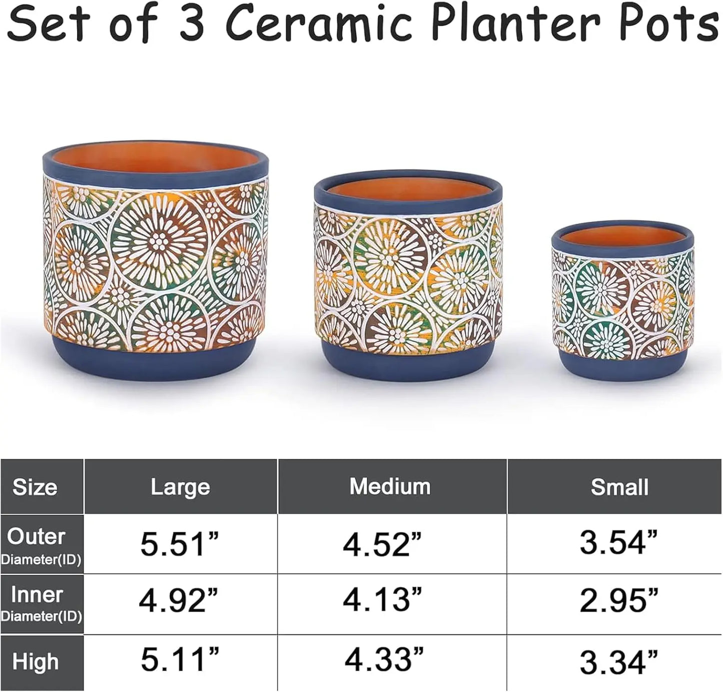 3-Piece Ceramic Plant Pots Set with Drainage Holes, Modern Decorative for Indoor/Outdoor Plants in Blue