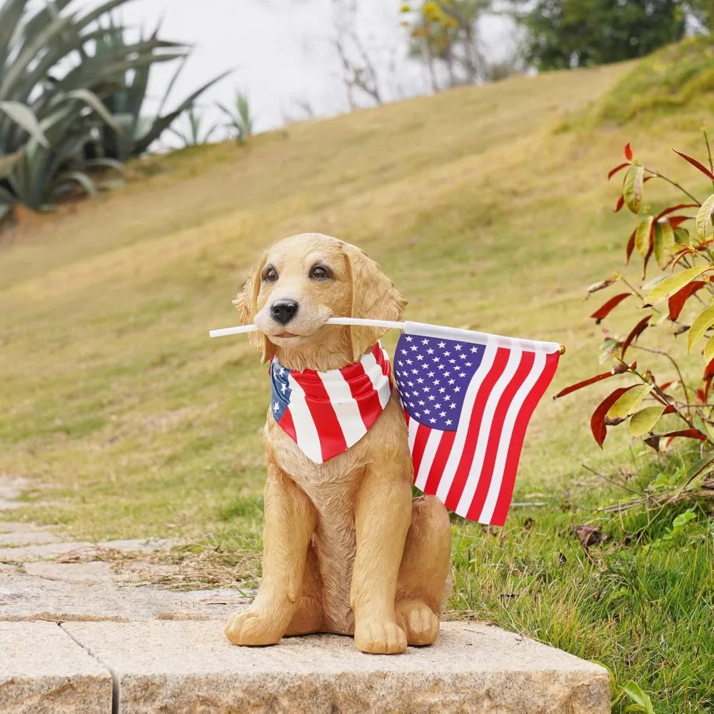 Large Resin Puppy with American Flag Statue for Outdoor Yard Lawn Decor, Patriotic Garden Decoration 12.5x8.5x13.5 Inch