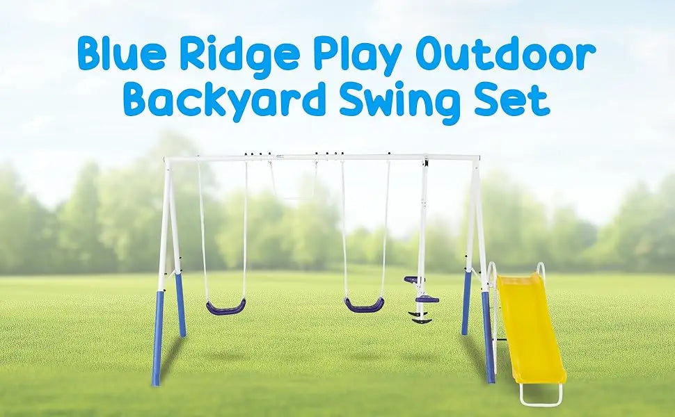 Fun All Mighty Metal A-Frame Kids Swing Set with 10 Child Capacity Outdoor Backyard Home Playground with Slide and 5 Swing Types