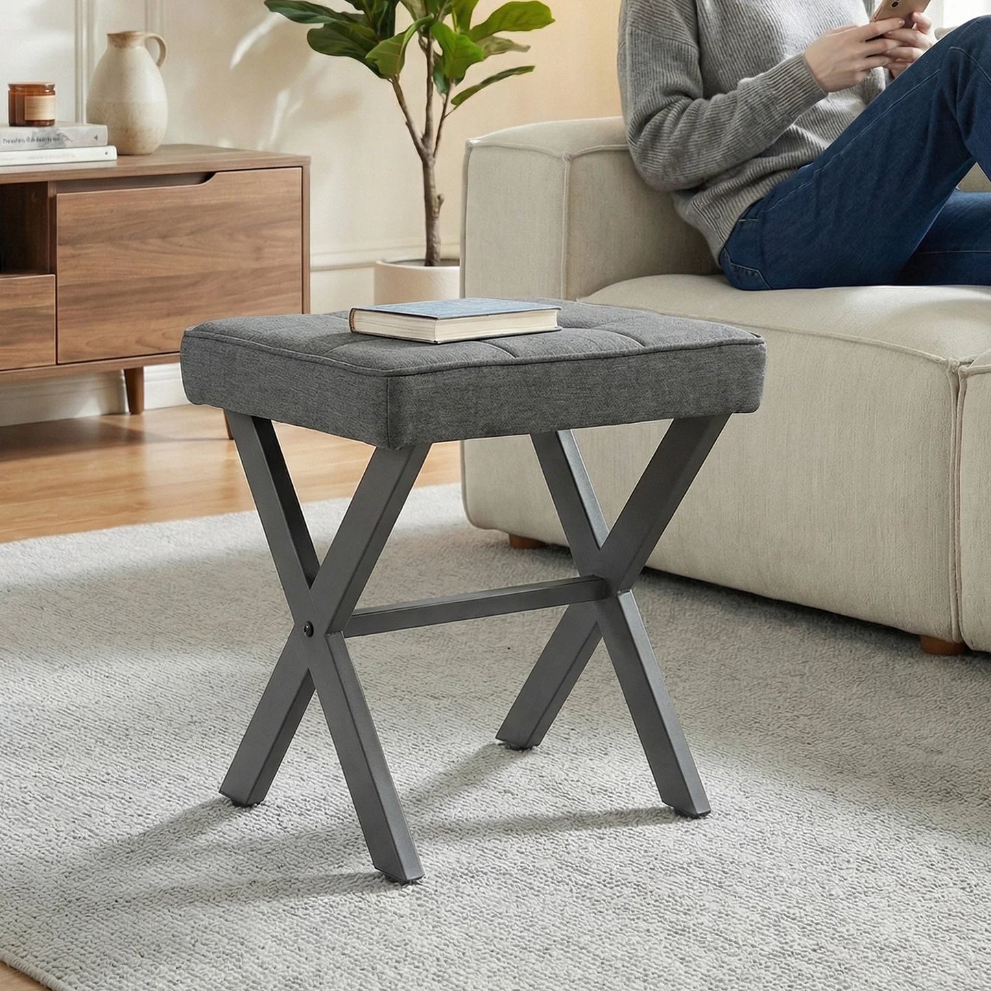 JHK Ottoman Square Linen Footstool Chair Metal X Legs Comfortable Padded Seat Vanity Makeup Stool Space-Saving for Living Room