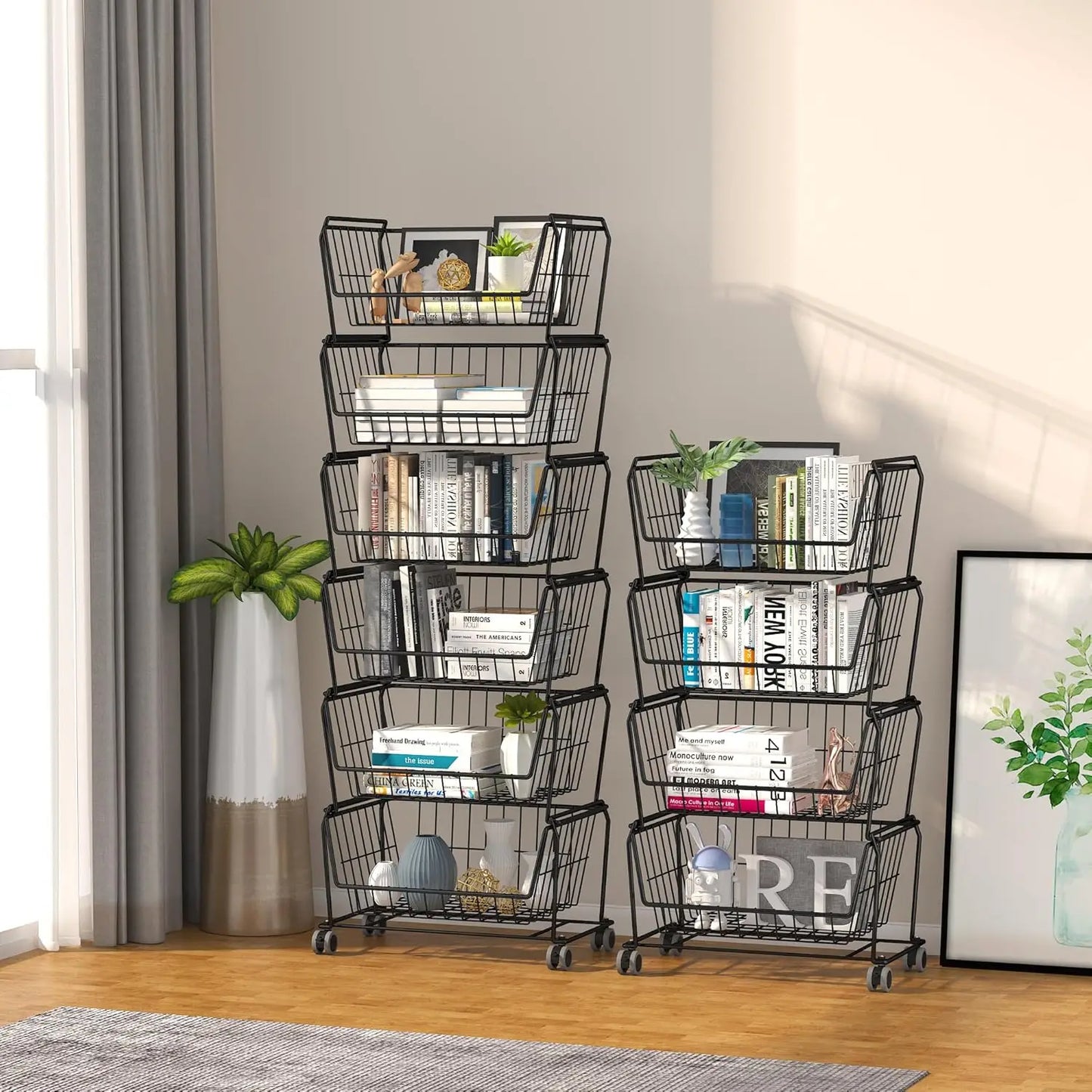 Stackable Metal Storage Carts, Dual Use Shelf for Kitchen Fruit Vegetable Baskets with Wheels, Storage Rack for Living Room, Hom