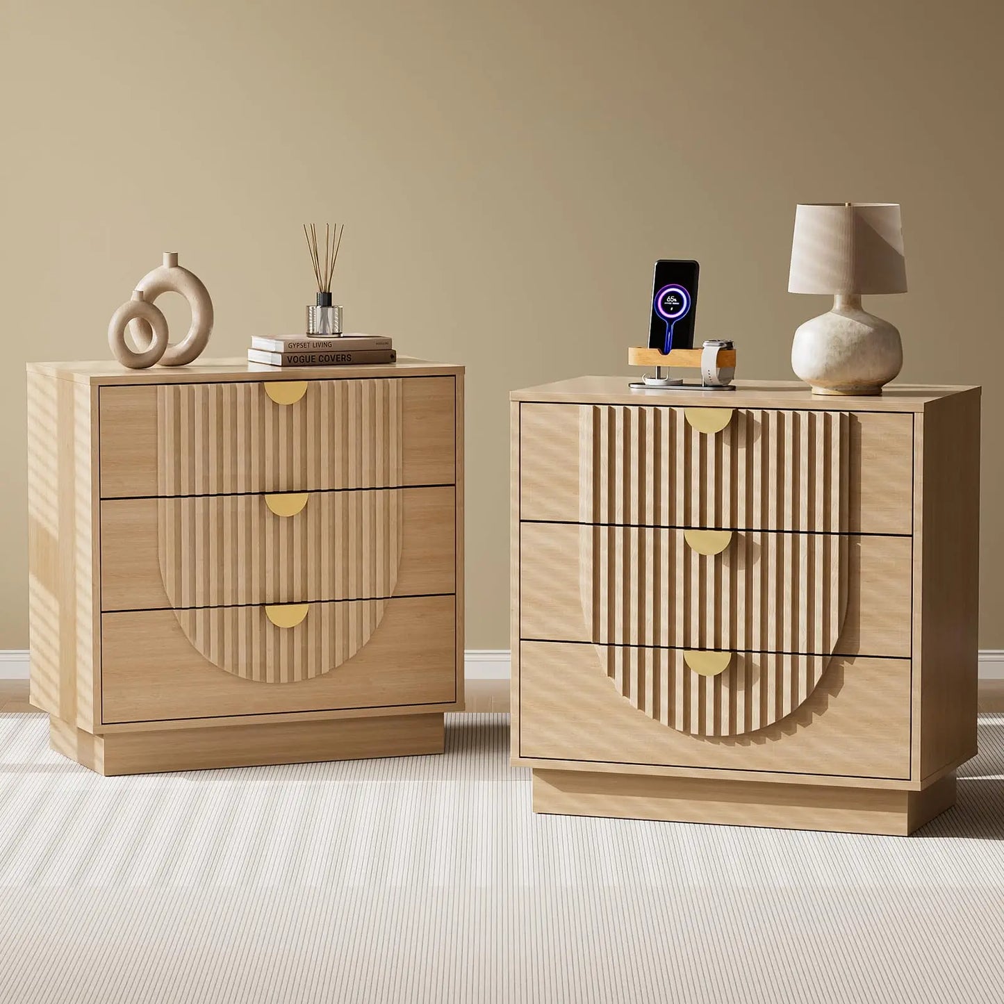 3 Drawer Nightstand with Charging Station, 28" Fluted Night Stand & Modern Bedside Table, Wood End Table Storage Cabinet
