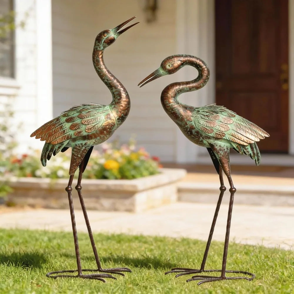 Blue Heron Garden Statues, Metal Crane Sculptures for Outdoor Decor, Patina Art Lawn Ornaments for Yard Patio