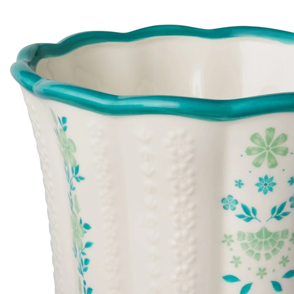 8 Inch Ceramic Scallop Planter with Floral Pattern Drainage Holes Indoor Outdoor Use Perfect Flowers Herbs Succulents