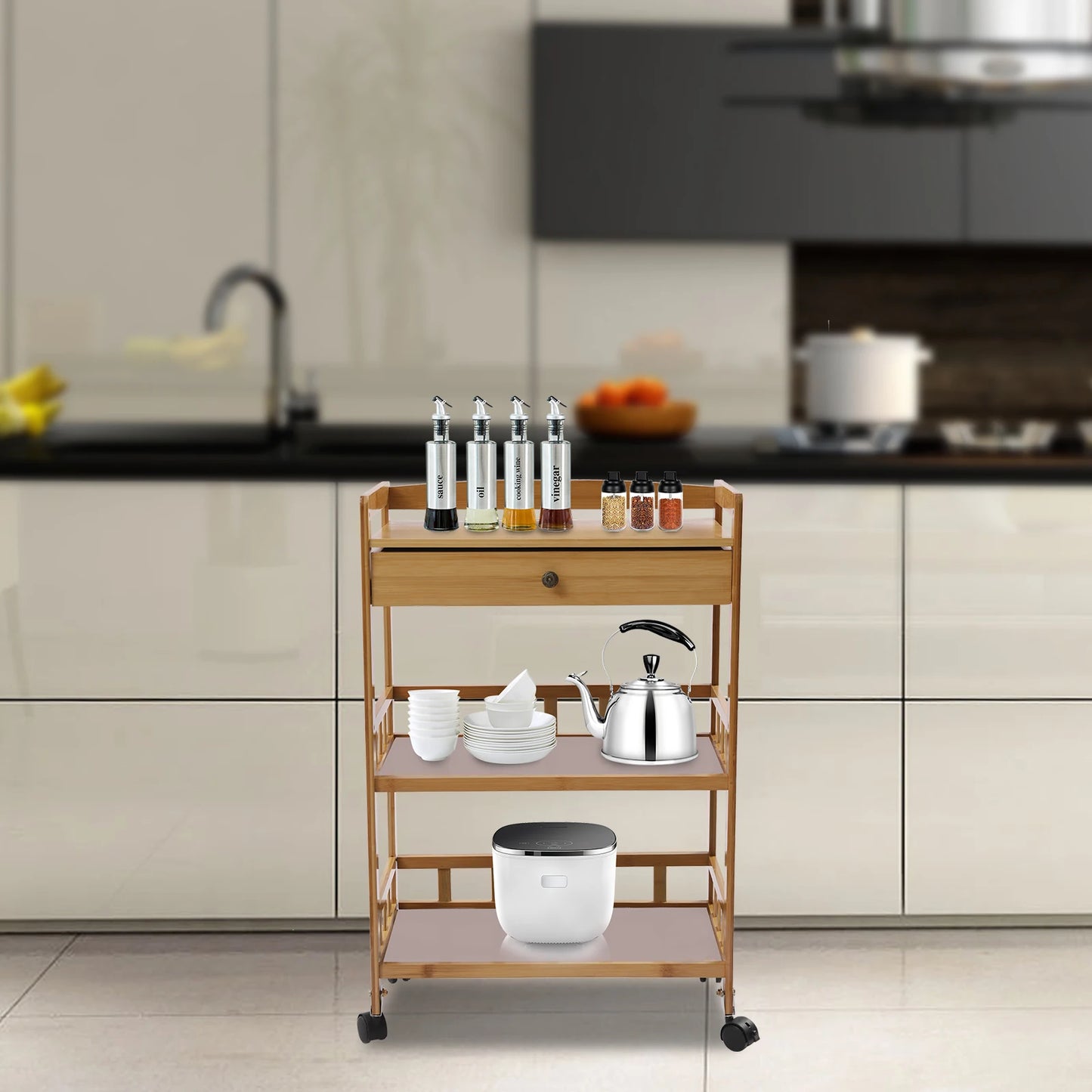 Mobile Kitchen Cart Trolley Rolling Wheelcart Storage Rack Beauty Salons Restaurants Bamboo 65kg Bearing