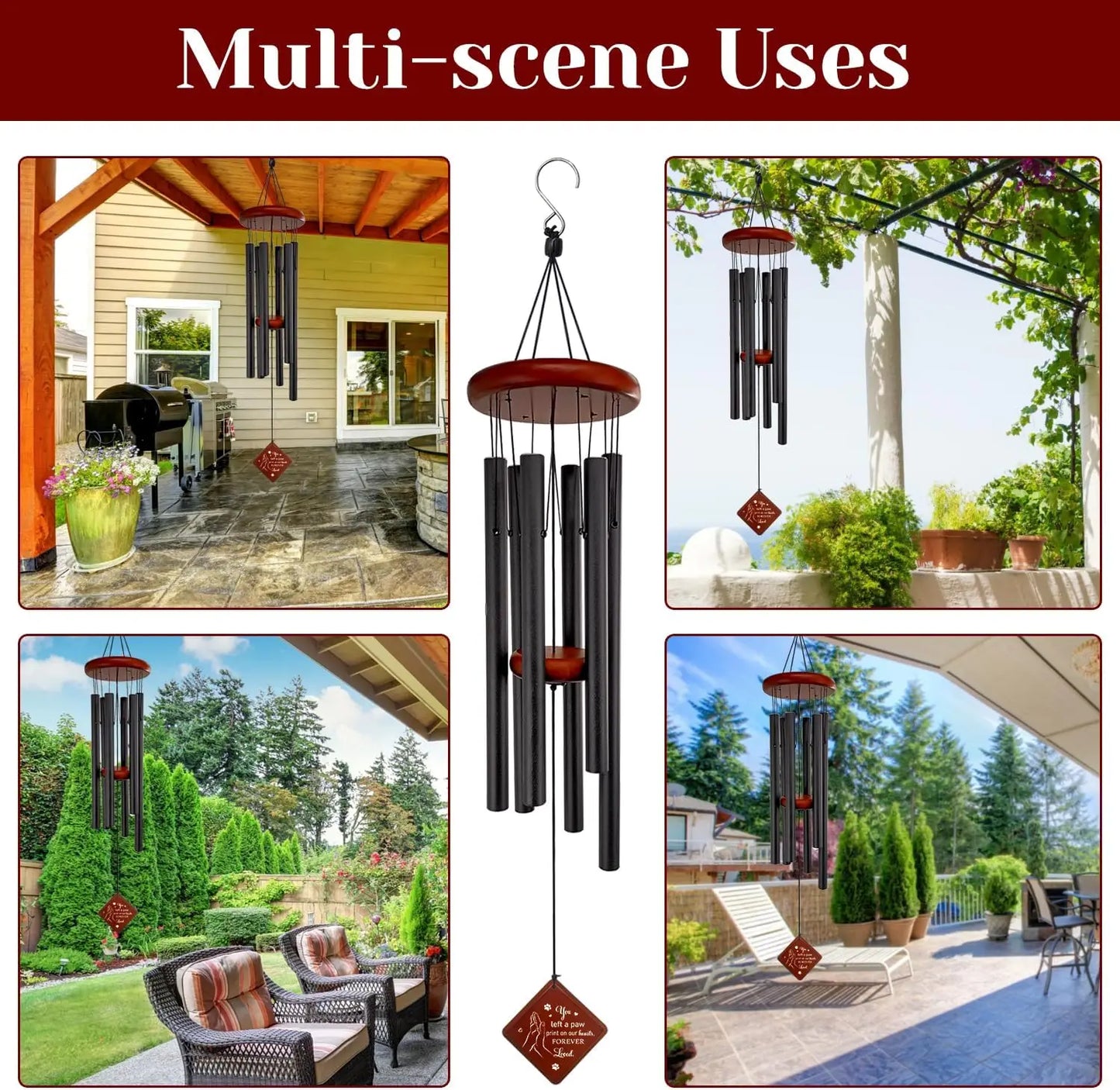 Pet Memorial Wind Chimes for Loss of Dog, Sympathy Gift, Paw Print on Hearts, Outdoor Garden Decor