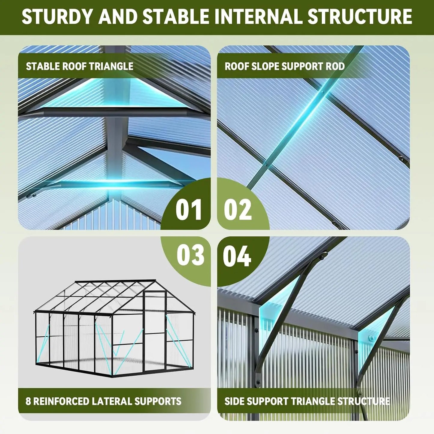 Greenhouse for Outdoors with Hygrometer, Polycarbonate Walk-in Green House for Outside, Reinforced Aluminum, Customized