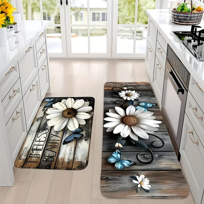 Farmhouse Wood Grain Daisy Butterfly Mat, Polyester Flannel Non-Slip Machine Washable Rug for Kitchen Dining Room Decor