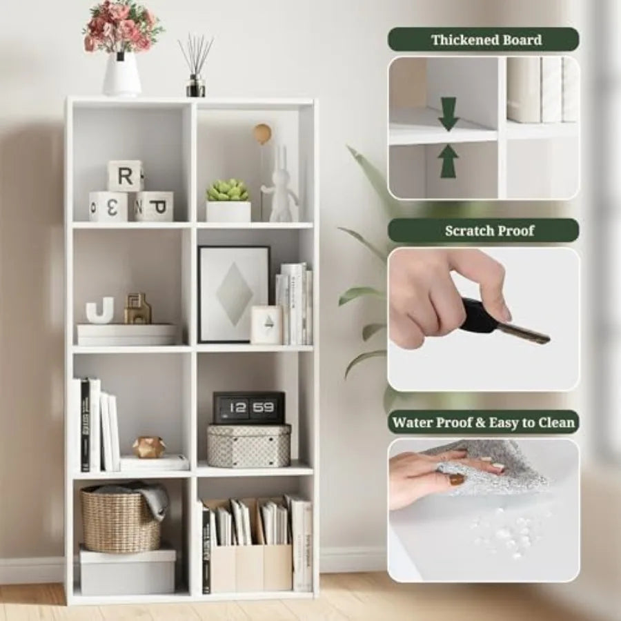 8-Cube Storage Organizer White Bookshelf with Open Compartments for Home Office Modern Bookcase Display Shelf for Living Room B