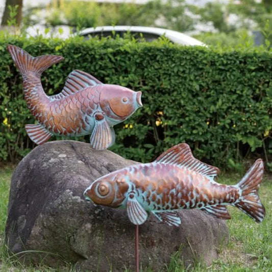 Set of 2 Outdoor Garden Pond Koi Fish Statue Sculpture in Antique Copper Color Large Metal Figurine Decor for Yard Patio Ideal