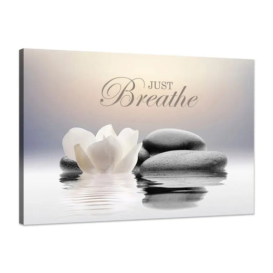 Stone Canvas Wall Art Just Breathe Yoga Quotes Poster for Spa Decor White Lotus Flower Pictures Prints for Bathroom Modern Spiri